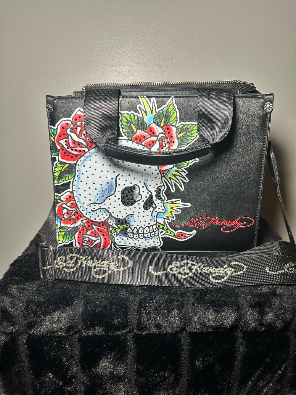 Ed Hardy Black Crossbody Tote with Skull & Red Rose Graphic